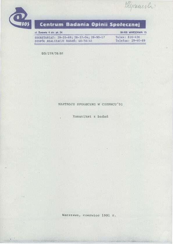 Okładka komunikatu BS/219/70/91