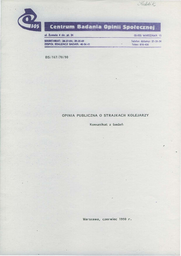 Okładka komunikatu BS/167/70/90