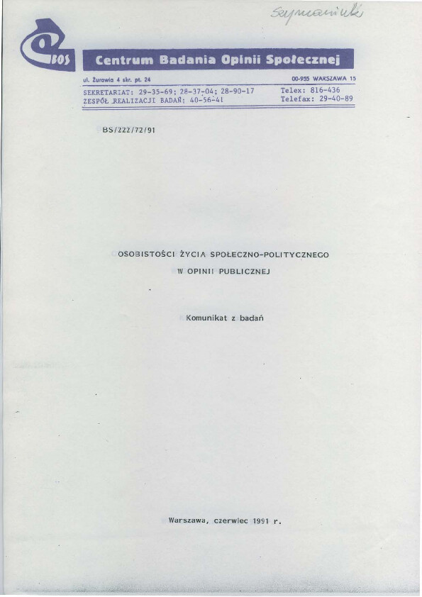 Okładka komunikatu BS/222/72/91