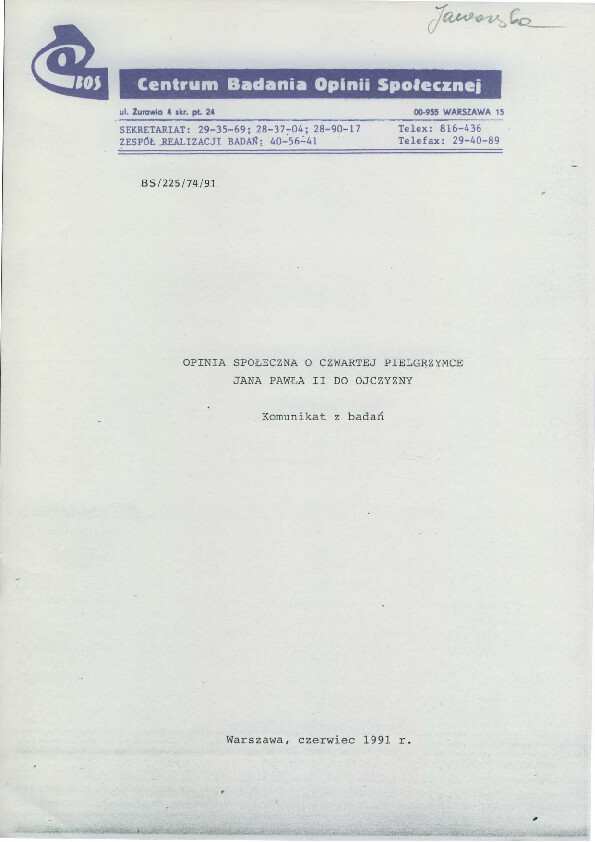 Okładka komunikatu BS/225/74/91