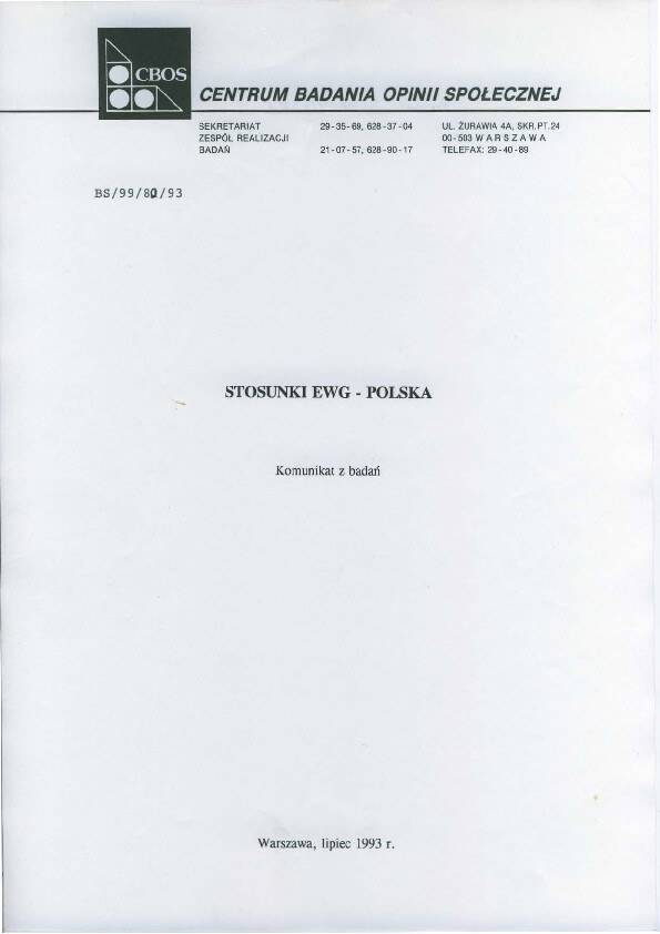 Okładka komunikatu BS/99/80/93