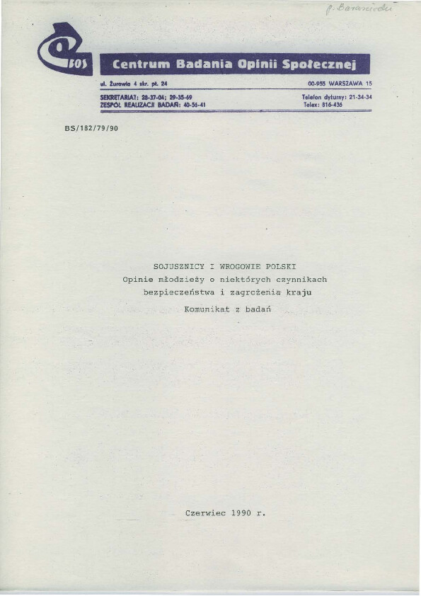Okładka komunikatu BS/182/79/90