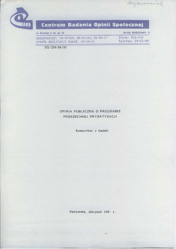 Okładka komunikatu BS/254/84/91