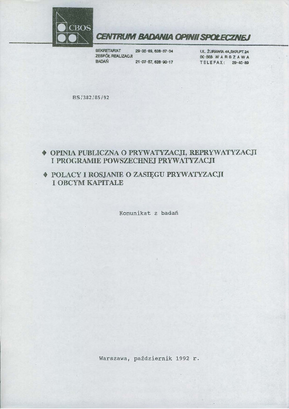 Okładka komunikatu BS/382/85/92