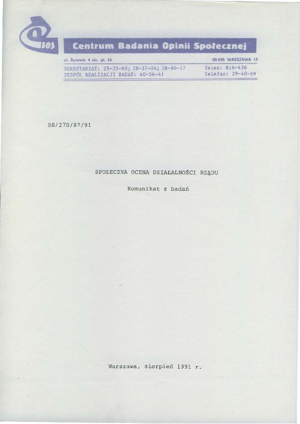 Okładka komunikatu BS/270/87/91