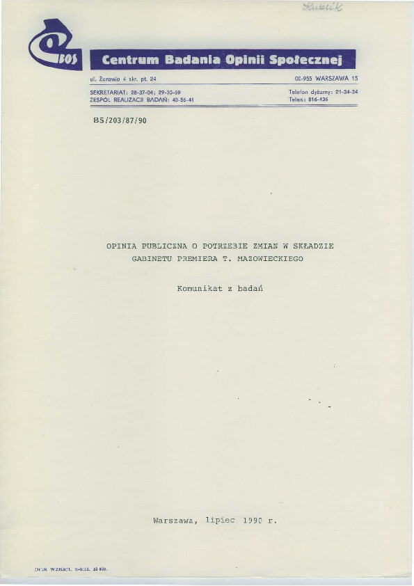 Okładka komunikatu BS/203/87/90