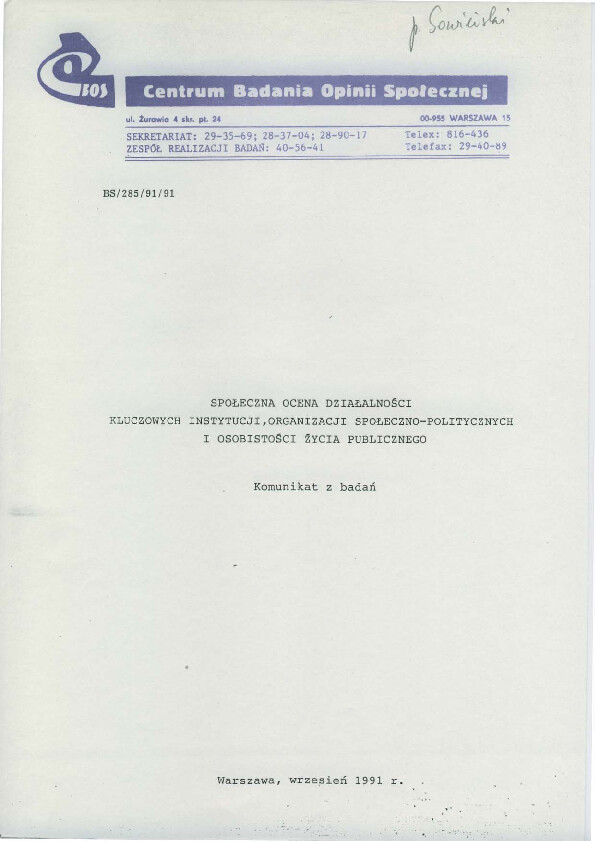 Okładka komunikatu BS/285/91/91