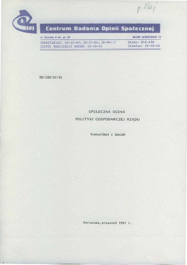 Okładka komunikatu BS/288/92/91