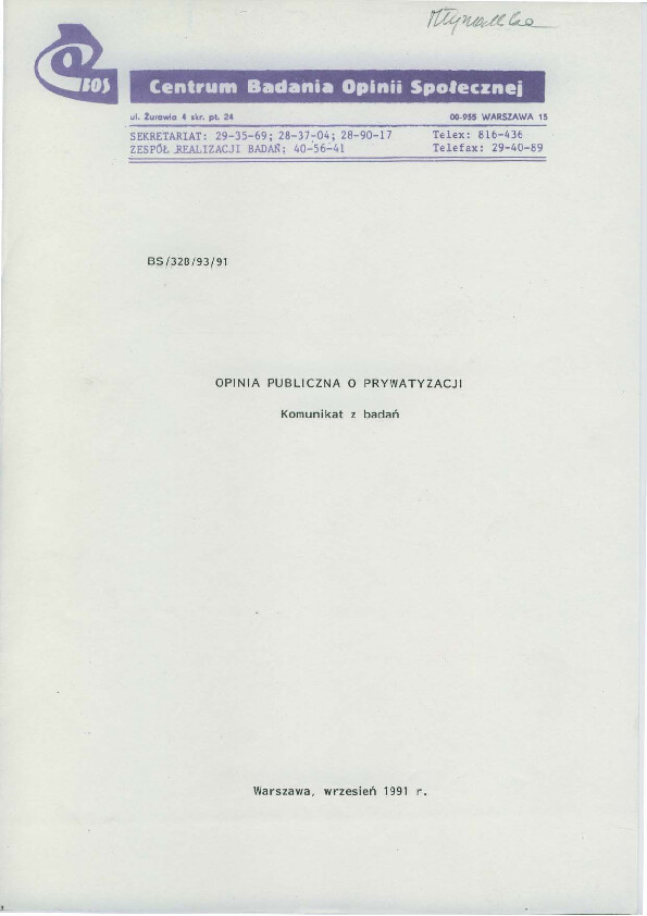 Okładka komunikatu BS/328/93/91