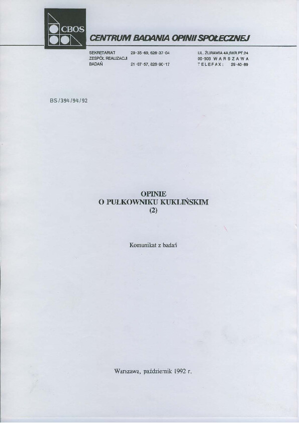 Okładka komunikatu BS/394/94/92