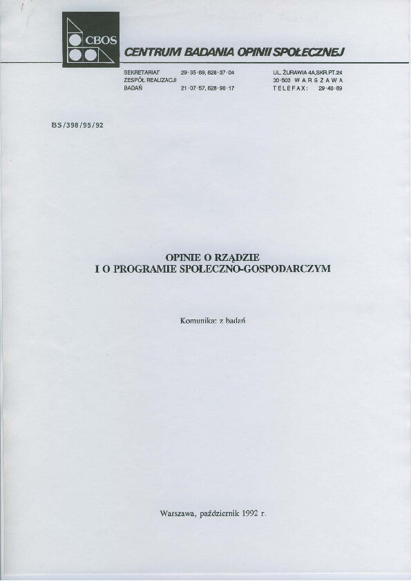 Okładka komunikatu BS/398/95/92
