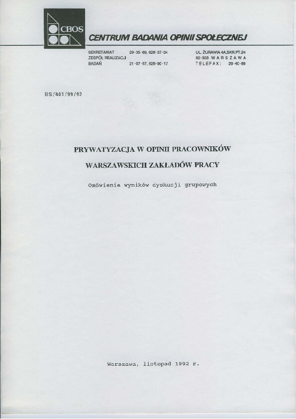 Okładka komunikatu BS/401/99/92