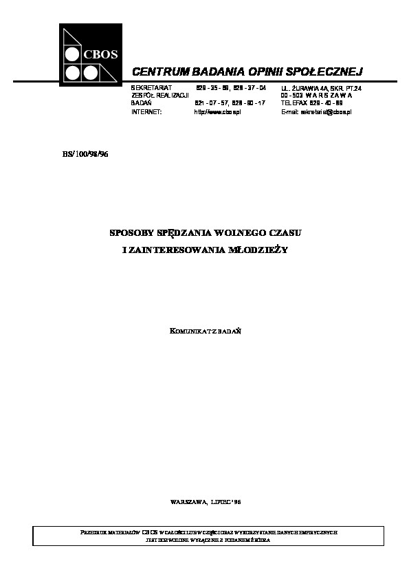 Okładka komunikatu BS/100/98/96