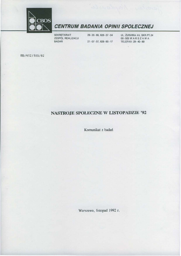 Okładka komunikatu BS/412/105/92