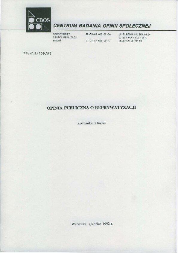Okładka komunikatu BS/418/109/92