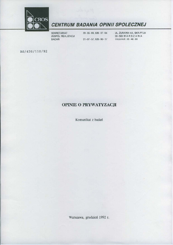 Okładka komunikatu BS/420/110/92