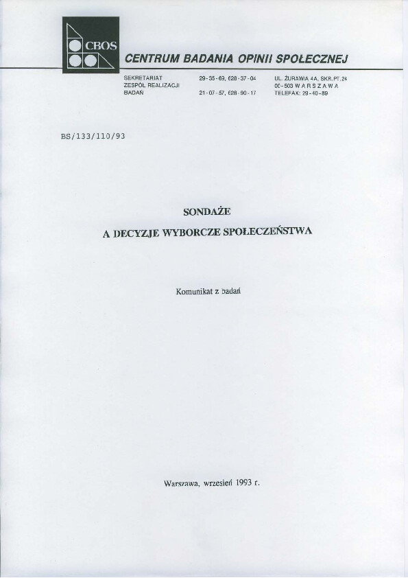 Okładka komunikatu BS/133/110/93