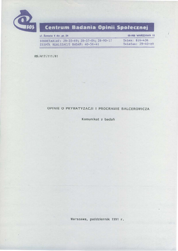 Okładka komunikatu BS/417/111/91