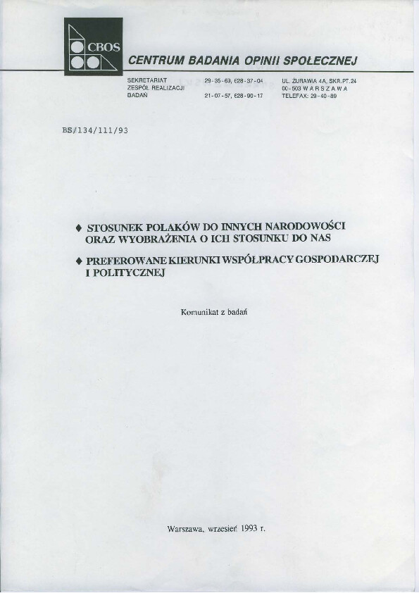 Okładka komunikatu BS/134/111/93