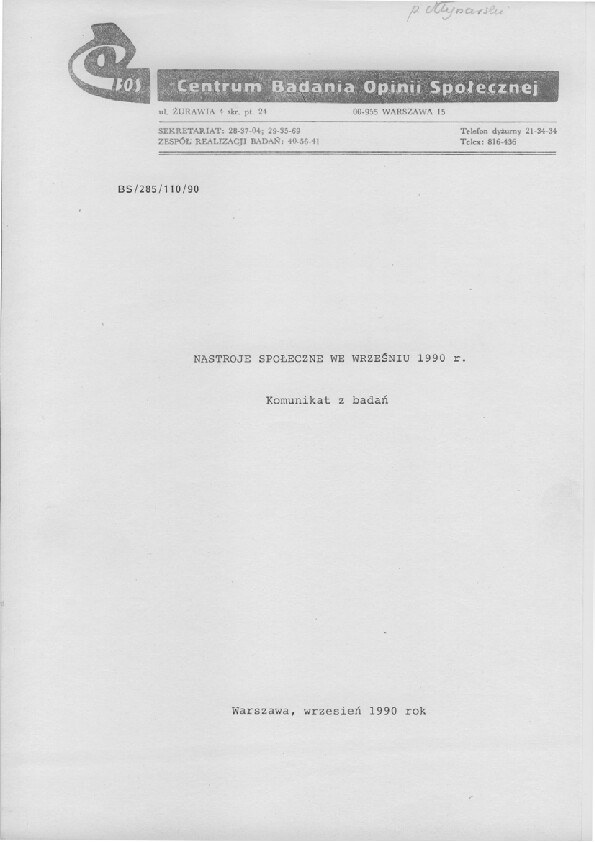 Okładka komunikatu BS/285/110/90