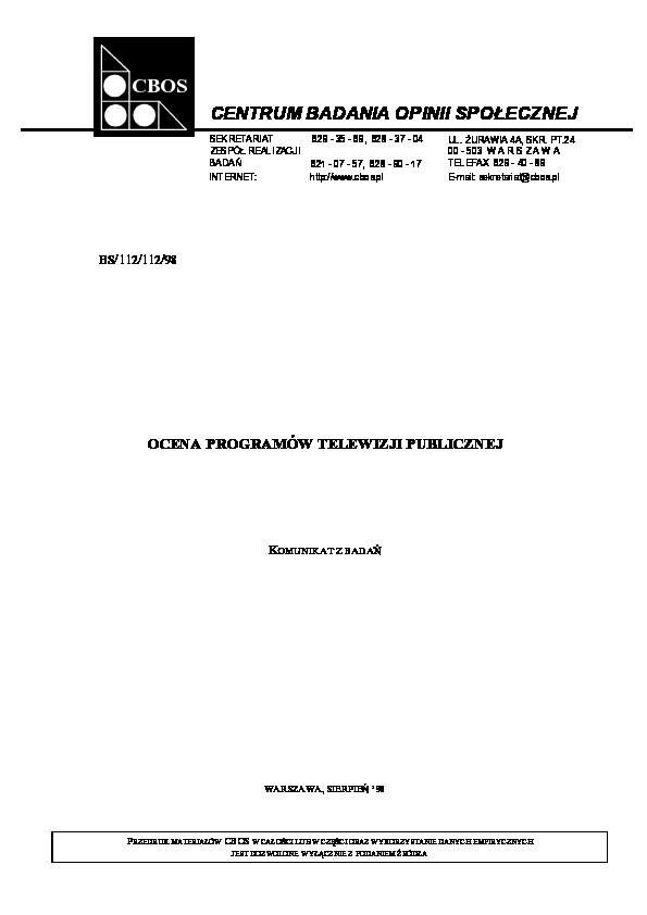 Okładka komunikatu BS/112/112/98