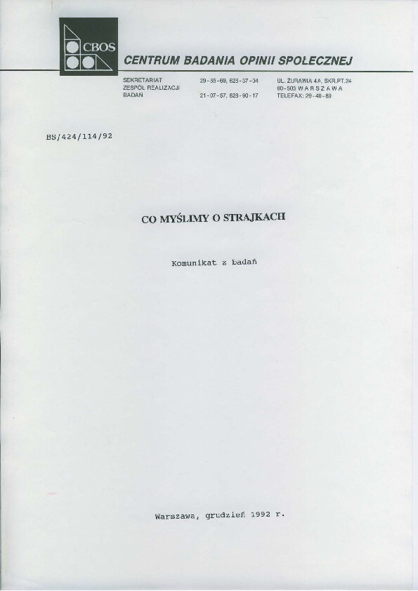Okładka komunikatu BS/424/114/92