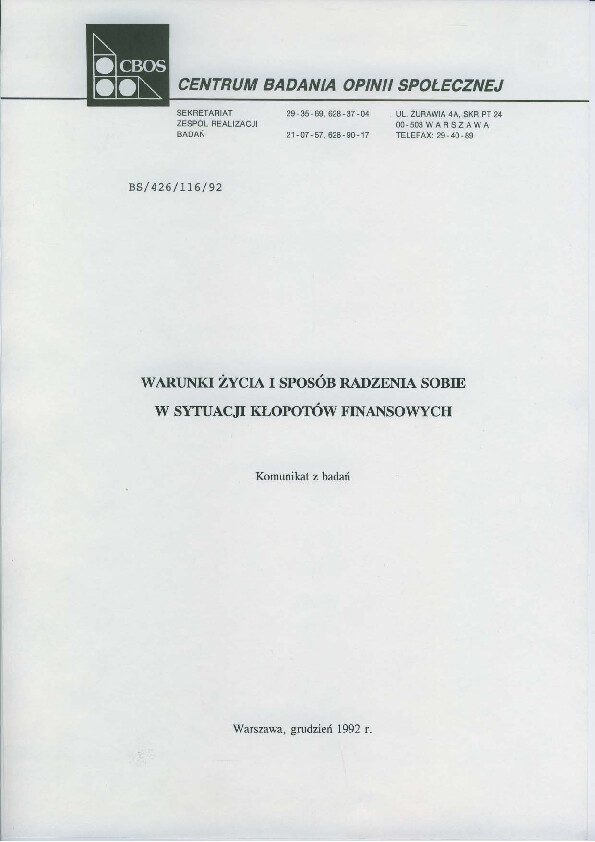 Okładka komunikatu BS/426/116/92