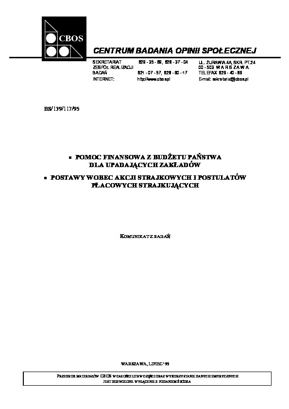 Okładka komunikatu BS/139/117/95