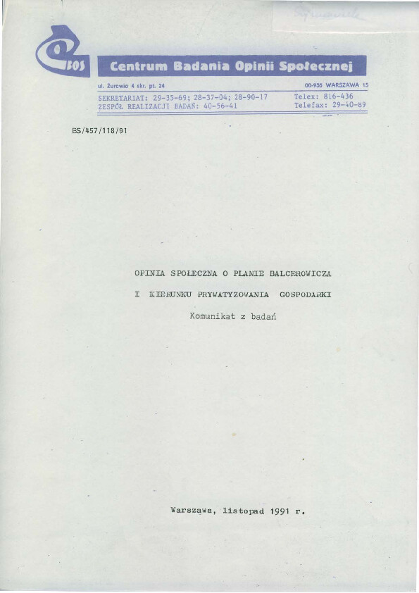 Okładka komunikatu BS/457/118/91