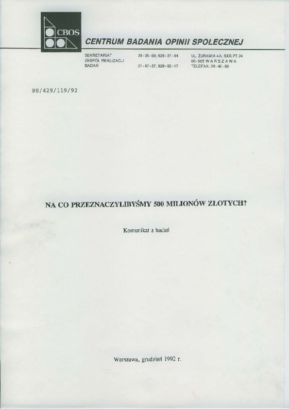 Okładka komunikatu BS/429/119/92
