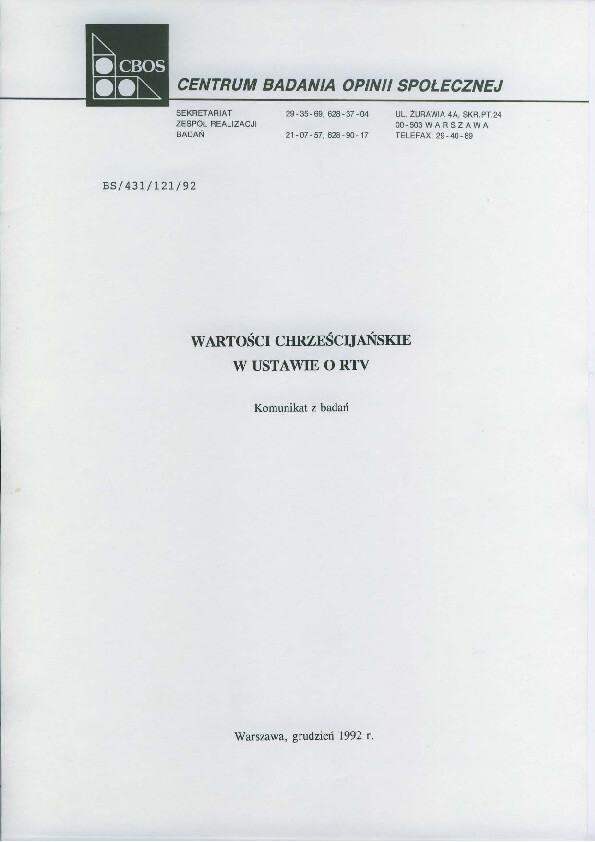 Okładka komunikatu BS/431/121/92