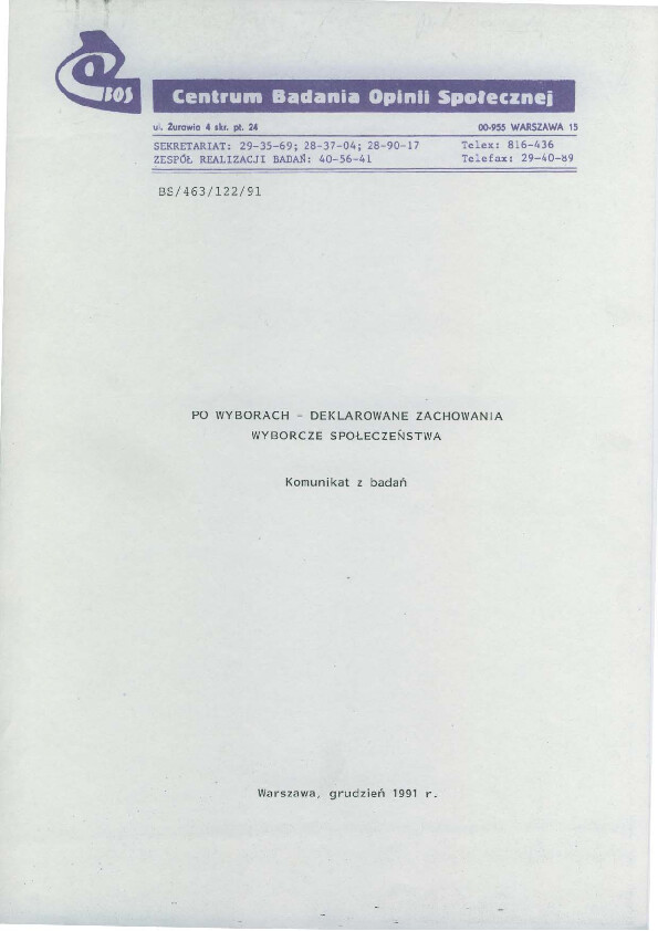 Okładka komunikatu BS/463/122/91