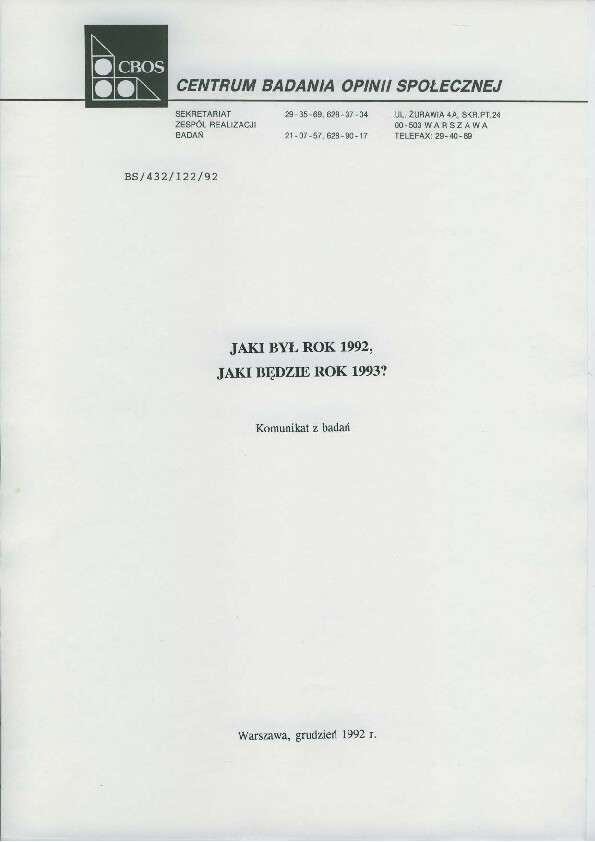 Okładka komunikatu BS/432/122/92