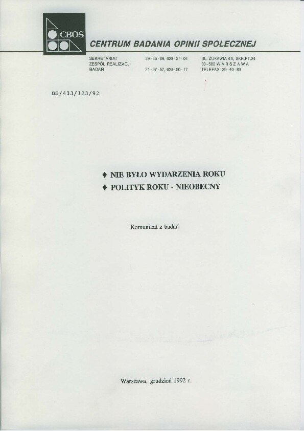 Okładka komunikatu BS/433/123/92