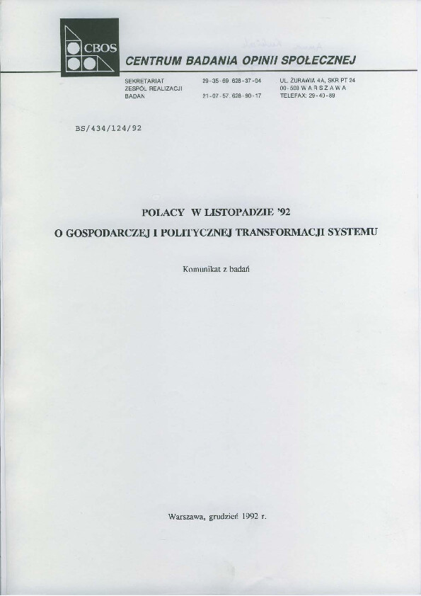 Okładka komunikatu BS/434/124/92