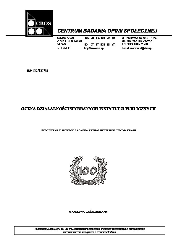 Okładka komunikatu BS/137/137/98