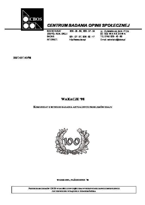 Okładka komunikatu BS/143/143/98