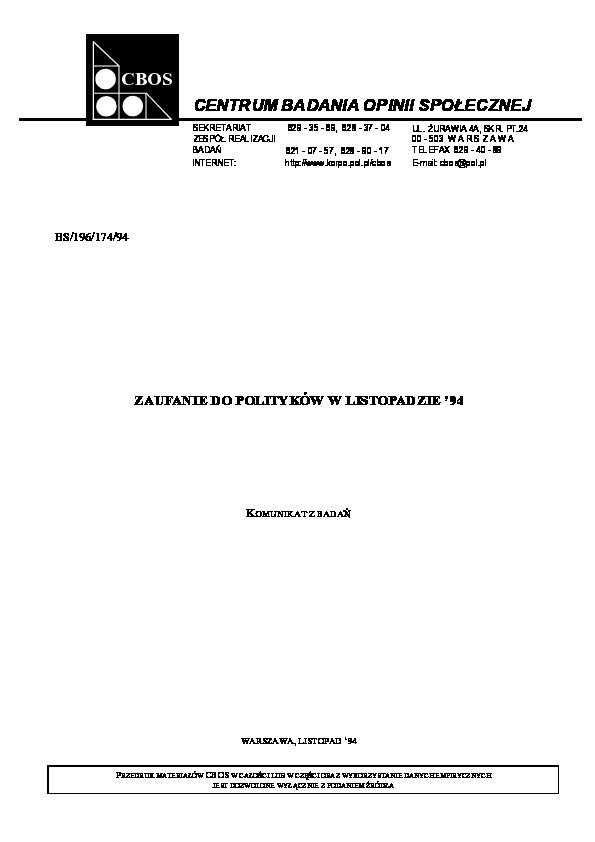 Okładka komunikatu BS/196/174/94